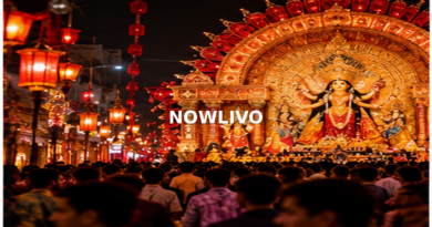 Illuminated Durga Puja display surrounded by festivalgoers; editorial illustration with a centered NOWLIVO watermark