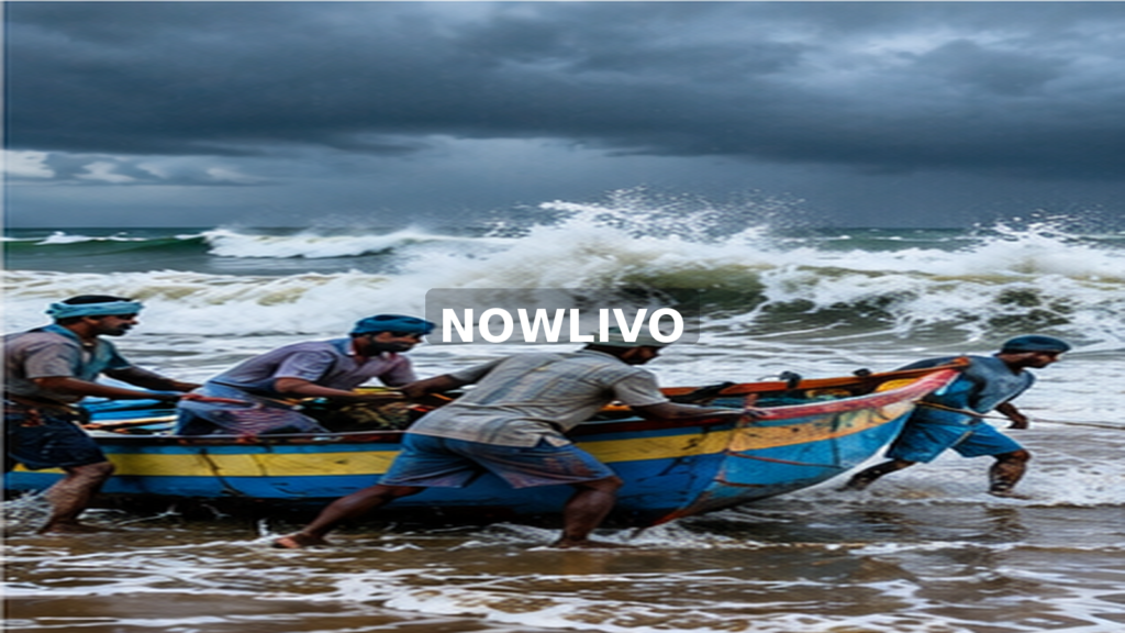 Fishing crew with boat at a rough coastline; editorial illustration with a centered NOWLIVO watermark