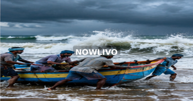 Fishing crew with boat at a rough coastline; editorial illustration with a centered NOWLIVO watermark
