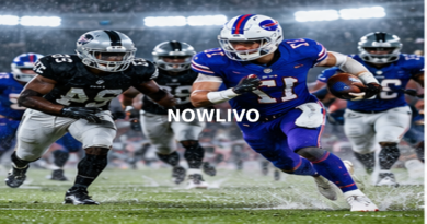 American-football players running under stadium lights; editorial illustration with a centered NOWLIVO watermark