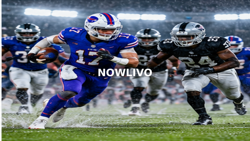 American-football runner pursued by defenders on a wet field; editorial illustration with a centered NOWLIVO watermark