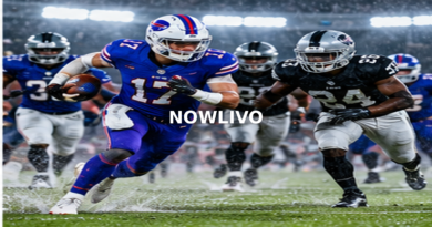 American-football runner pursued by defenders on a wet field; editorial illustration with a centered NOWLIVO watermark