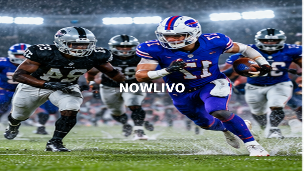 American-football action in a rain-soaked stadium; editorial illustration with a centered NOWLIVO watermark