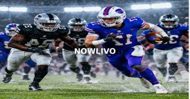 American-football action in a rain-soaked stadium; editorial illustration with a centered NOWLIVO watermark