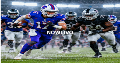 American-football players competing under floodlights; editorial illustration with a centered NOWLIVO watermark