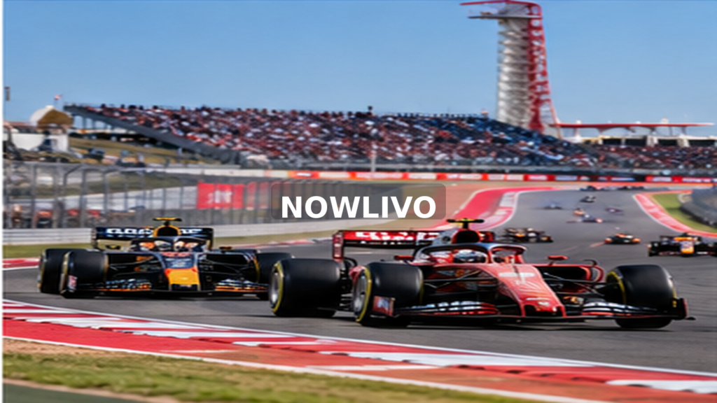 Formula-style race cars on the Austin racing circuit; editorial illustration with a centered NOWLIVO watermark