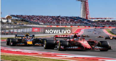 Formula-style race cars on the Austin racing circuit; editorial illustration with a centered NOWLIVO watermark