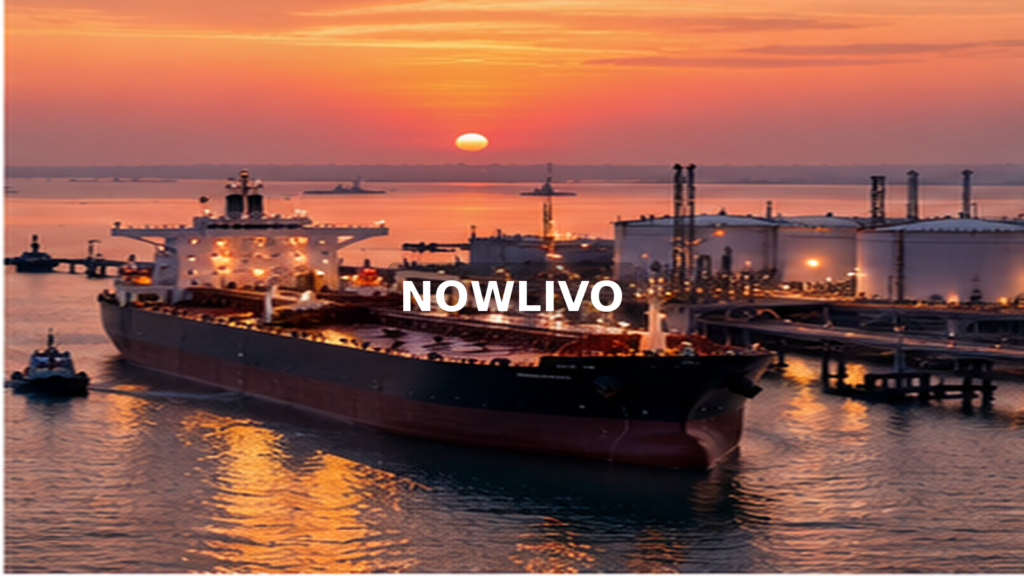 Oil carrier docked at a port at sunset; editorial illustration with a centered NOWLIVO watermark
