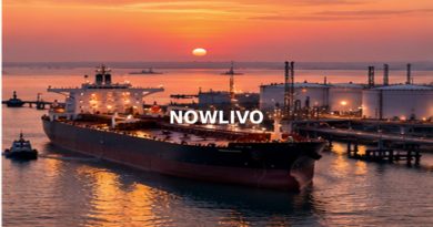 Oil carrier docked at a port at sunset; editorial illustration with a centered NOWLIVO watermark