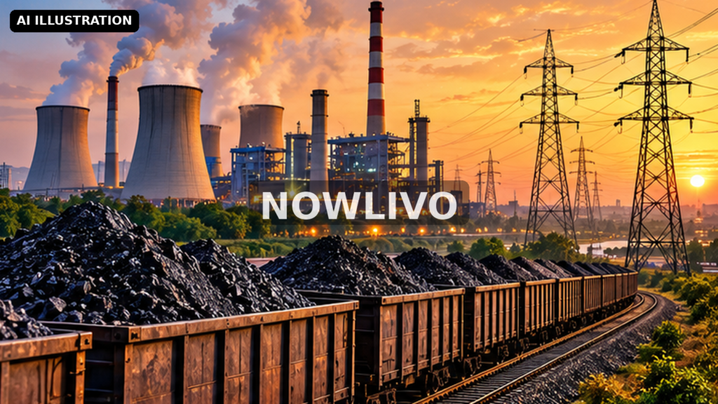 Illustration of coal freight train, power station and electricity pylons at sunset