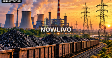 Illustration of coal freight train, power station and electricity pylons at sunset
