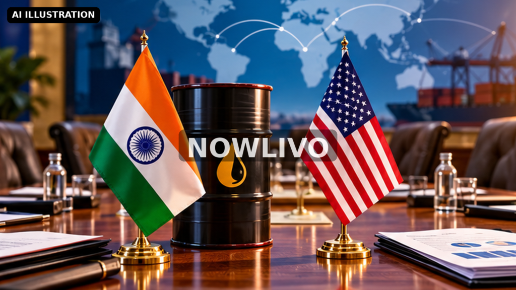 Editorial illustration: india and United States desk flags beside oil barrel and trade documents