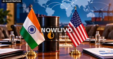 Editorial illustration: india and United States desk flags beside oil barrel and trade documents