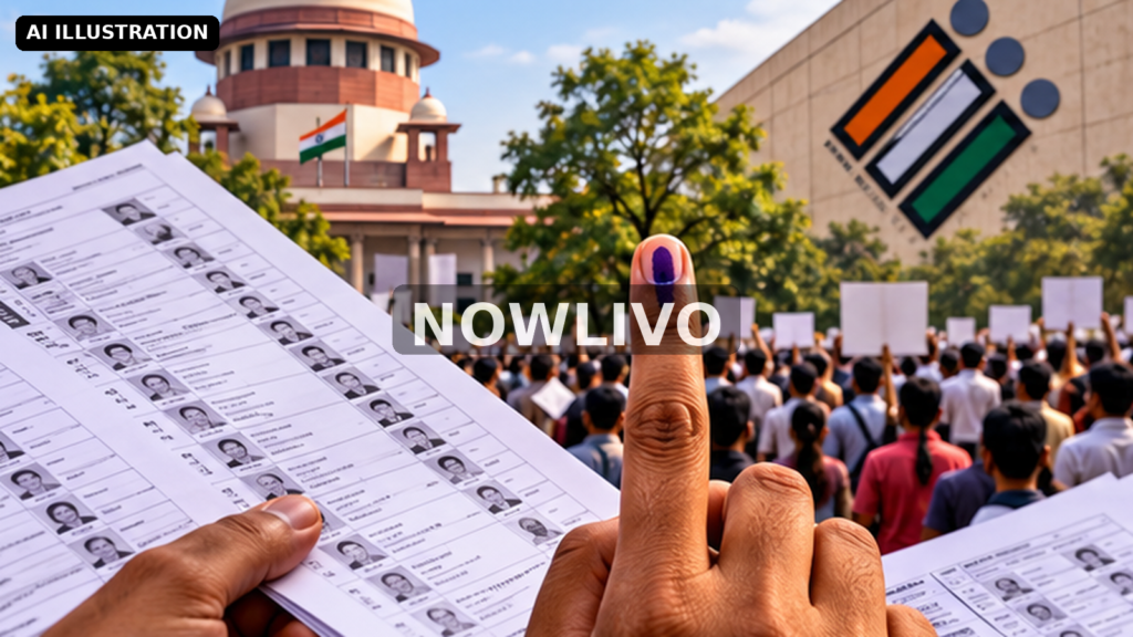 Editorial illustration: indian voter list sheets and ink-marked finger near courthouse