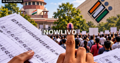 Editorial illustration: indian voter list sheets and ink-marked finger near courthouse