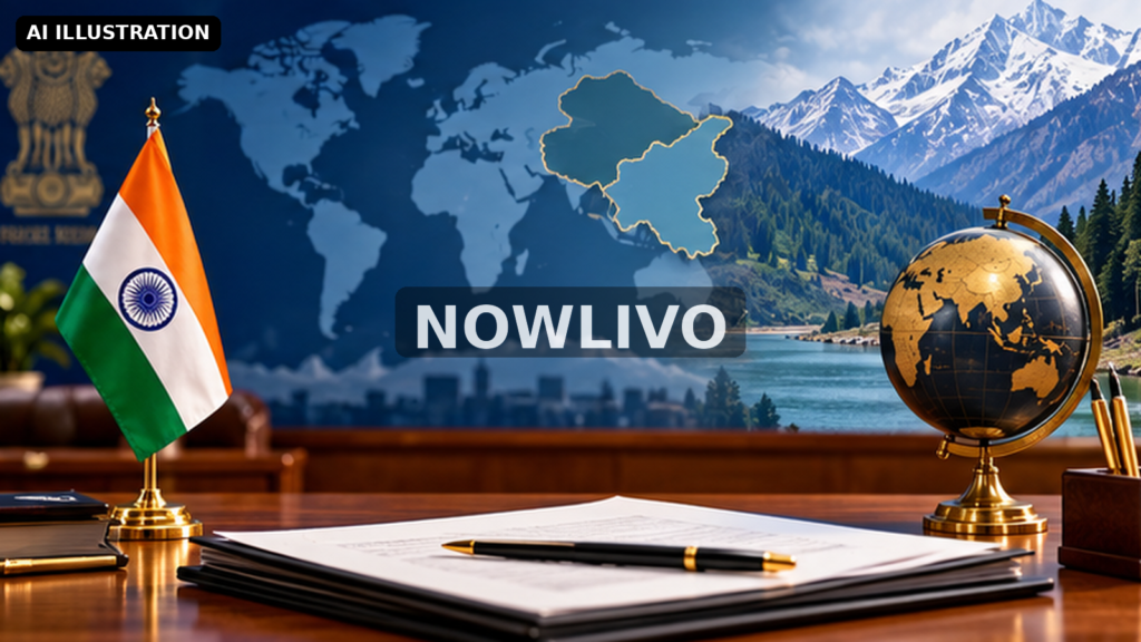 Editorial illustration: indian diplomatic flag, global map and Himalayan valley in editorial composition