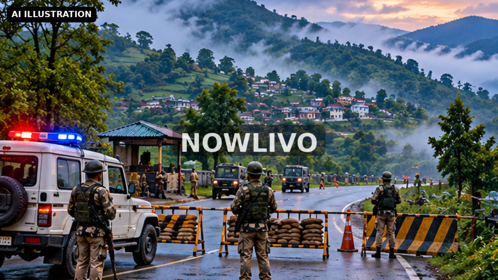 Editorial illustration: security checkpoint on a misty hill road in northeast India