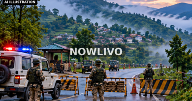 Editorial illustration: security checkpoint on a misty hill road in northeast India