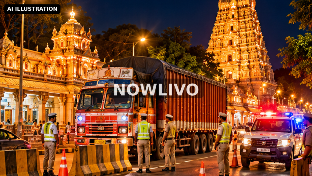 Editorial illustration: truck inspection near illuminated temple with traffic police and barriers