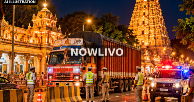 Editorial illustration: truck inspection near illuminated temple with traffic police and barriers