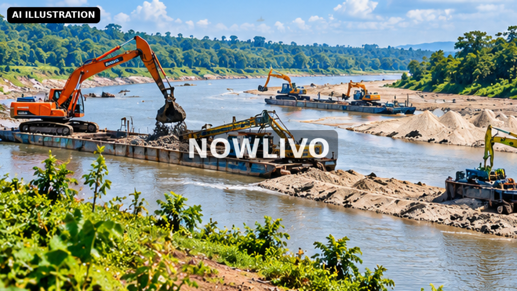 Editorial illustration: river sand dredging machinery and excavators viewed from bank