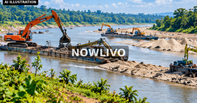 Editorial illustration: river sand dredging machinery and excavators viewed from bank