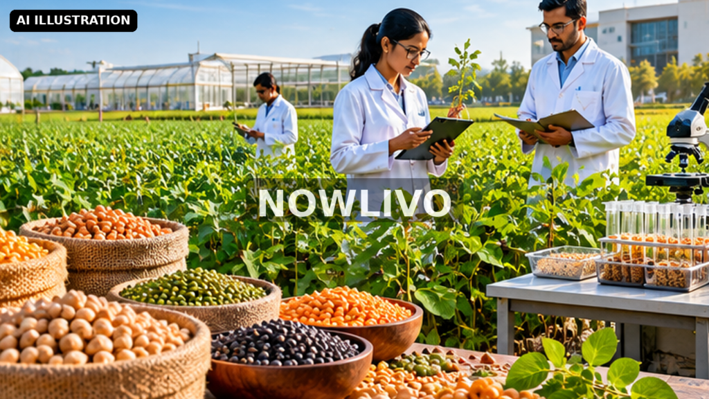 Editorial illustration: agricultural researchers studying pulse crops and seed samples in a green field
