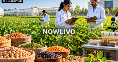 Editorial illustration: agricultural researchers studying pulse crops and seed samples in a green field