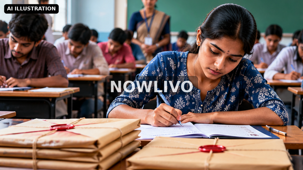 Editorial illustration: students writing exams with sealed question-paper packets in foreground