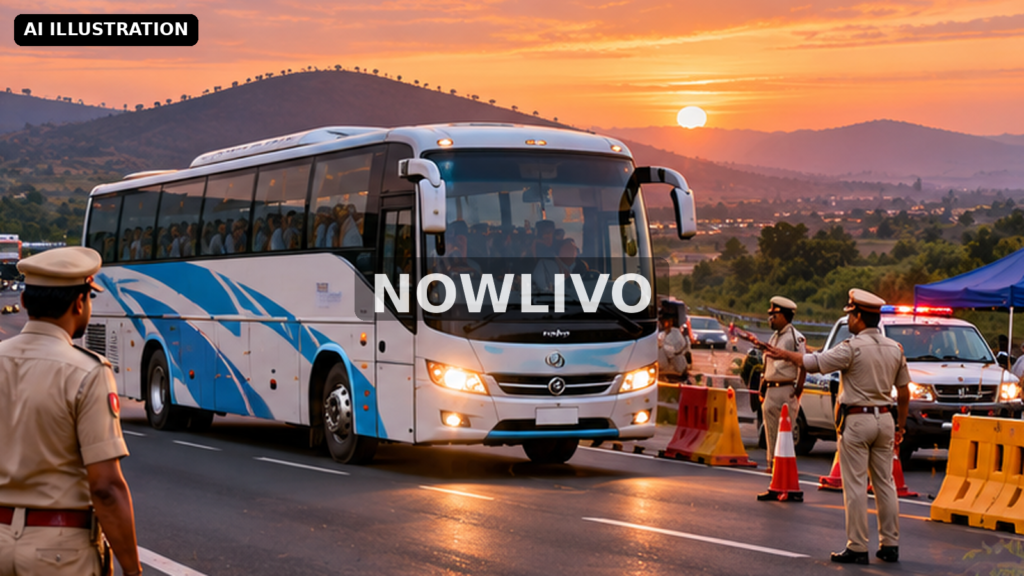 Editorial illustration: passenger bus passing police checkpoint at sunset in northern India