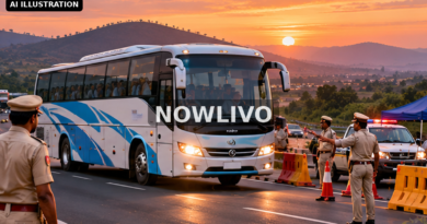 Editorial illustration: passenger bus passing police checkpoint at sunset in northern India