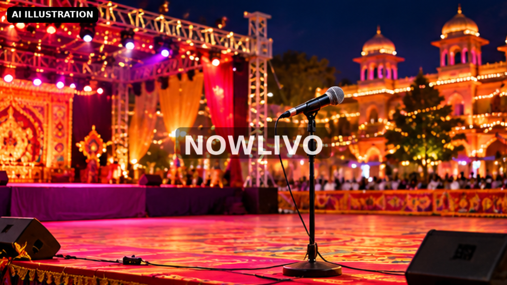 Editorial illustration: empty garba festival stage with microphone and colourful lights