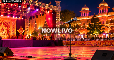 Editorial illustration: empty garba festival stage with microphone and colourful lights