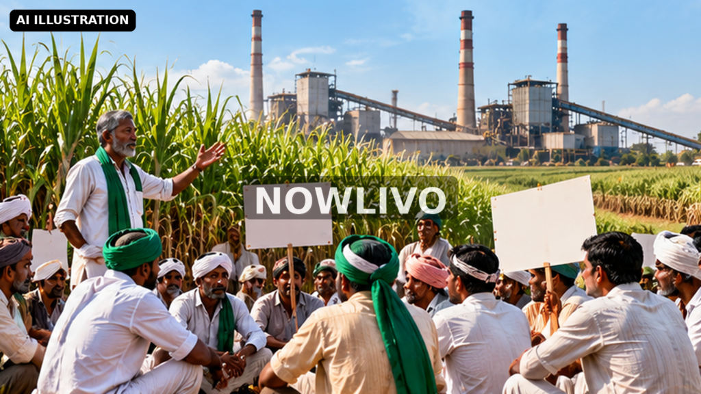 Editorial illustration: sugarcane farmers meeting in field with sugar mill in distance