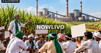 Editorial illustration: sugarcane farmers meeting in field with sugar mill in distance