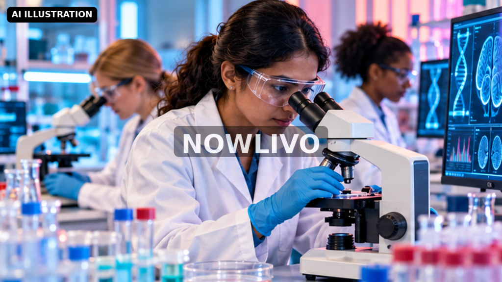 Editorial illustration: women scientists in a modern medical research laboratory