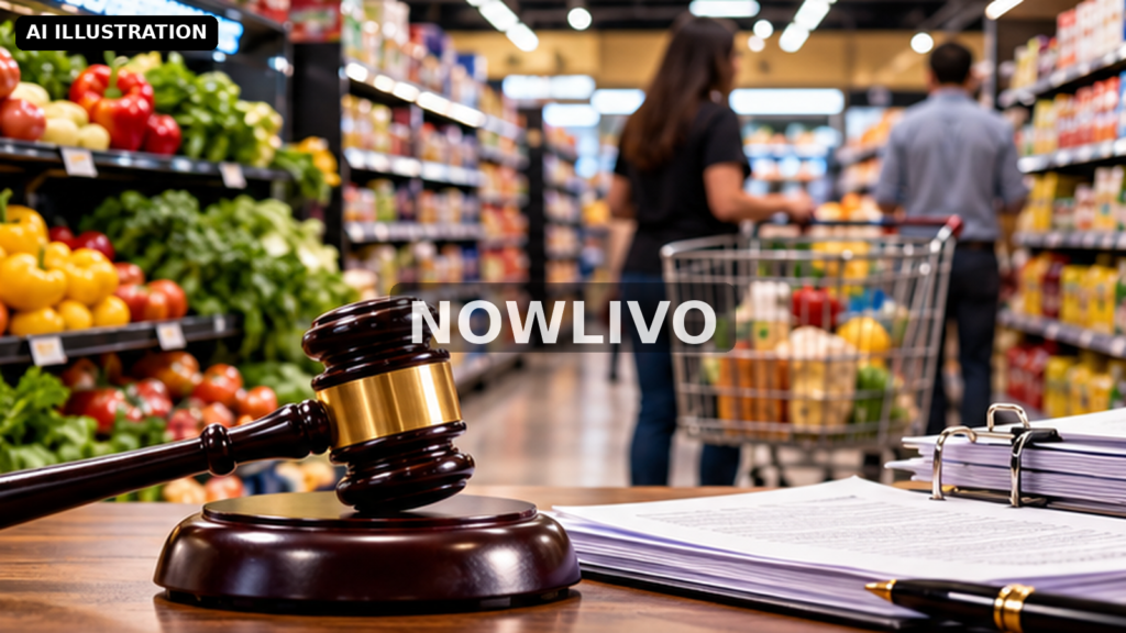 Editorial illustration: grocery aisle with legal gavel and case documents in foreground