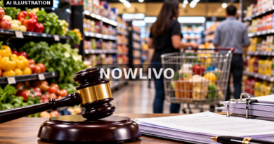 Editorial illustration: grocery aisle with legal gavel and case documents in foreground