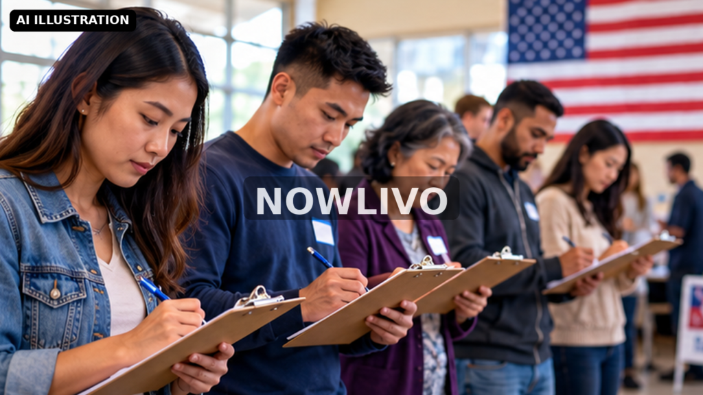 Editorial illustration: asian American community members completing civic surveys near United States flag