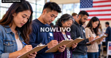 Editorial illustration: asian American community members completing civic surveys near United States flag