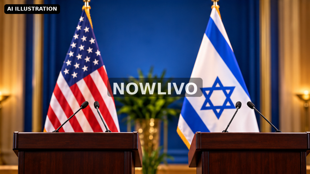 Editorial illustration: empty diplomatic podiums with United States and Israeli flags