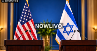 Editorial illustration: empty diplomatic podiums with United States and Israeli flags