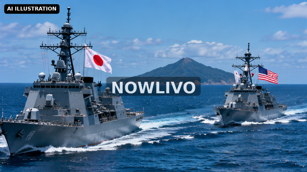 Editorial illustration: japanese and United States naval ships conducting training at sea