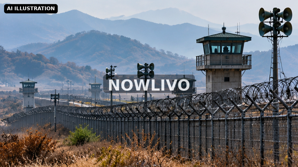 Editorial illustration: fortified Korean border with fences watchtowers and loudspeakers