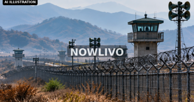 Editorial illustration: fortified Korean border with fences watchtowers and loudspeakers