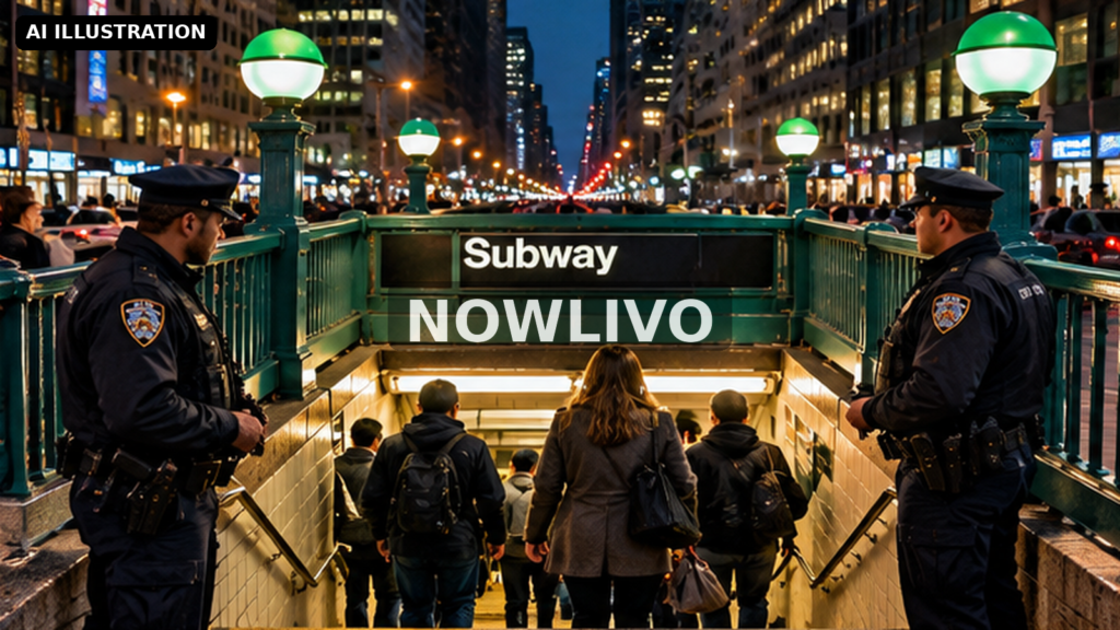 Editorial illustration: new York subway entrance at night with police and commuters