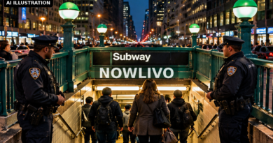 Editorial illustration: new York subway entrance at night with police and commuters