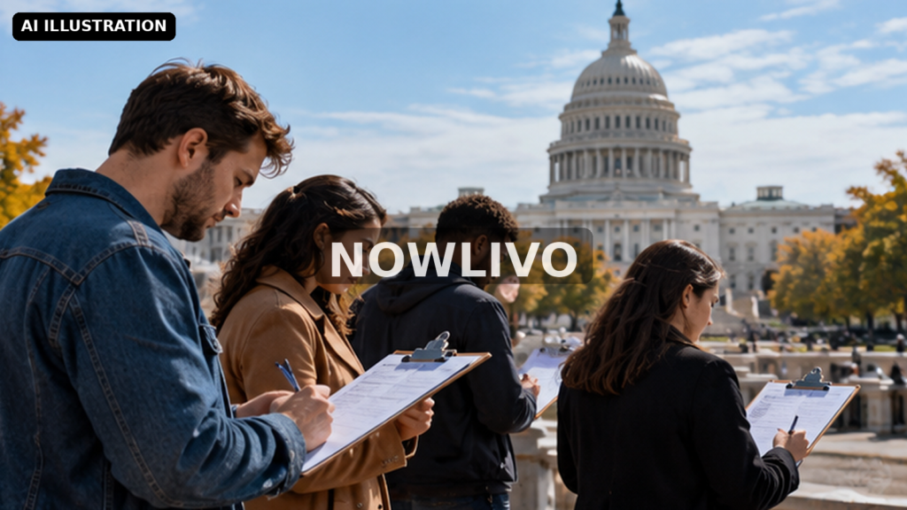 Editorial illustration: people completing public-opinion surveys near US Capitol