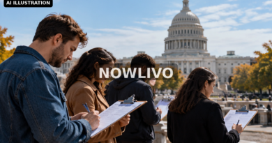 Editorial illustration: people completing public-opinion surveys near US Capitol