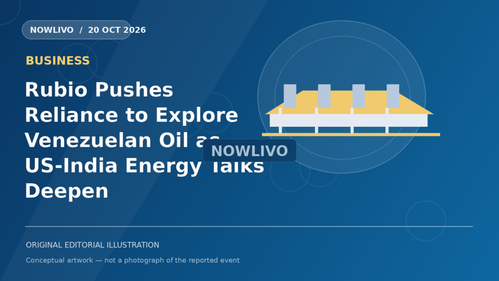 Original NOWLIVO editorial illustration of oil refinery, crude ship, india and us diplomatic flags, representing rubio and reliance discussions on venezuelan oil; not an event photograph